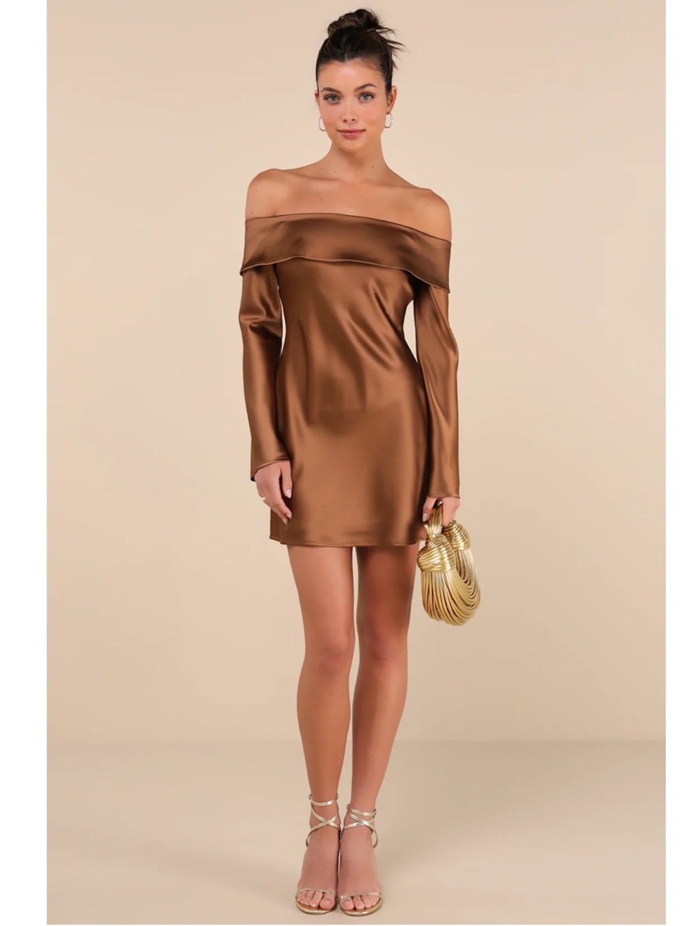 Lulus Luxurious Vision Brown Satin Off-Shoulder Mini Dress NWT Large Event